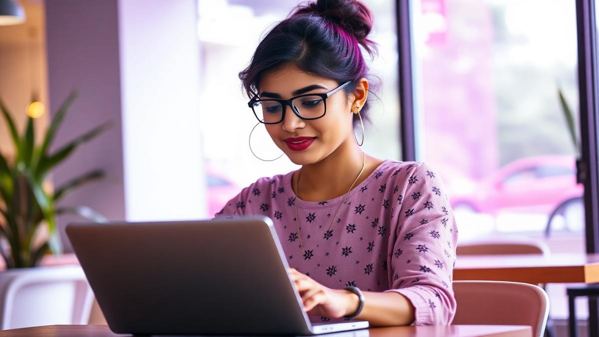 Student working on a laptop in a bright cafe