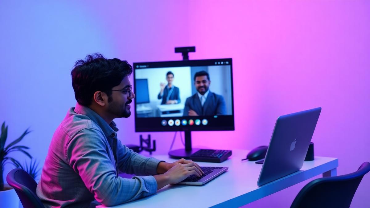 Founder on a video call presenting from a laptop