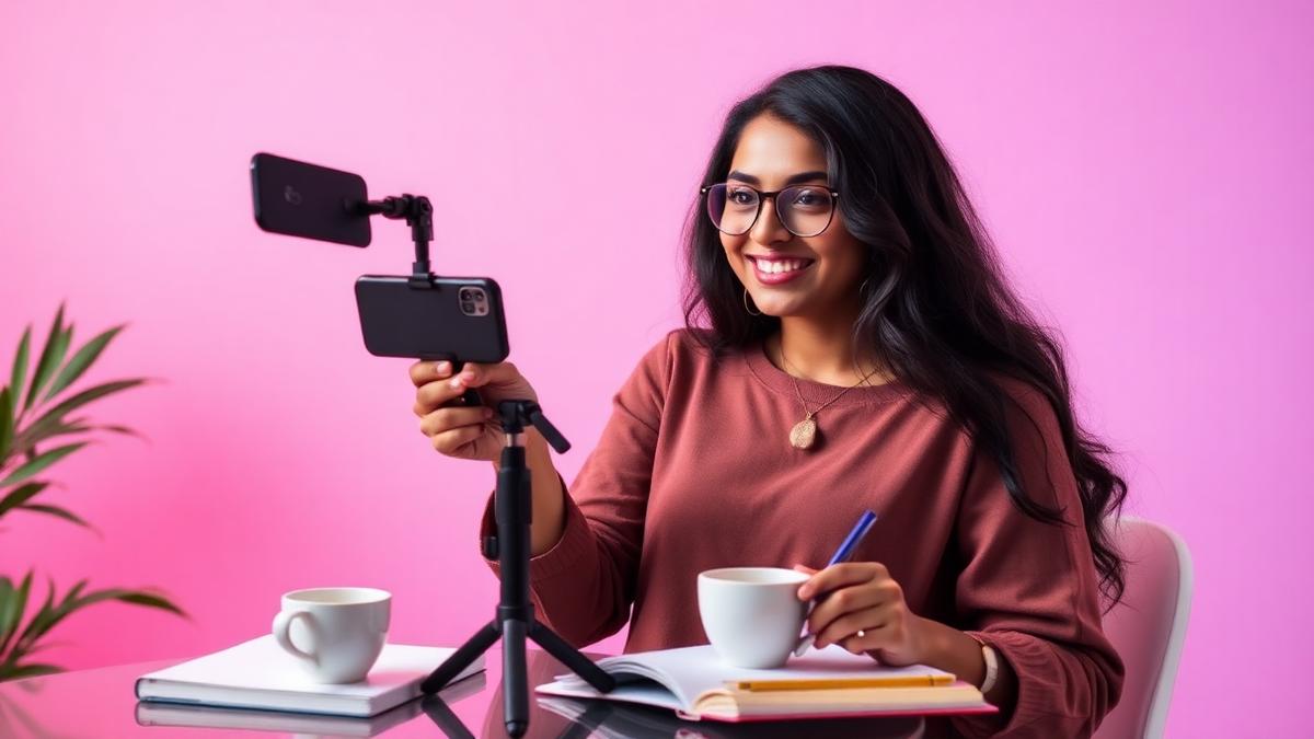 Creator filming content with a phone and ring light