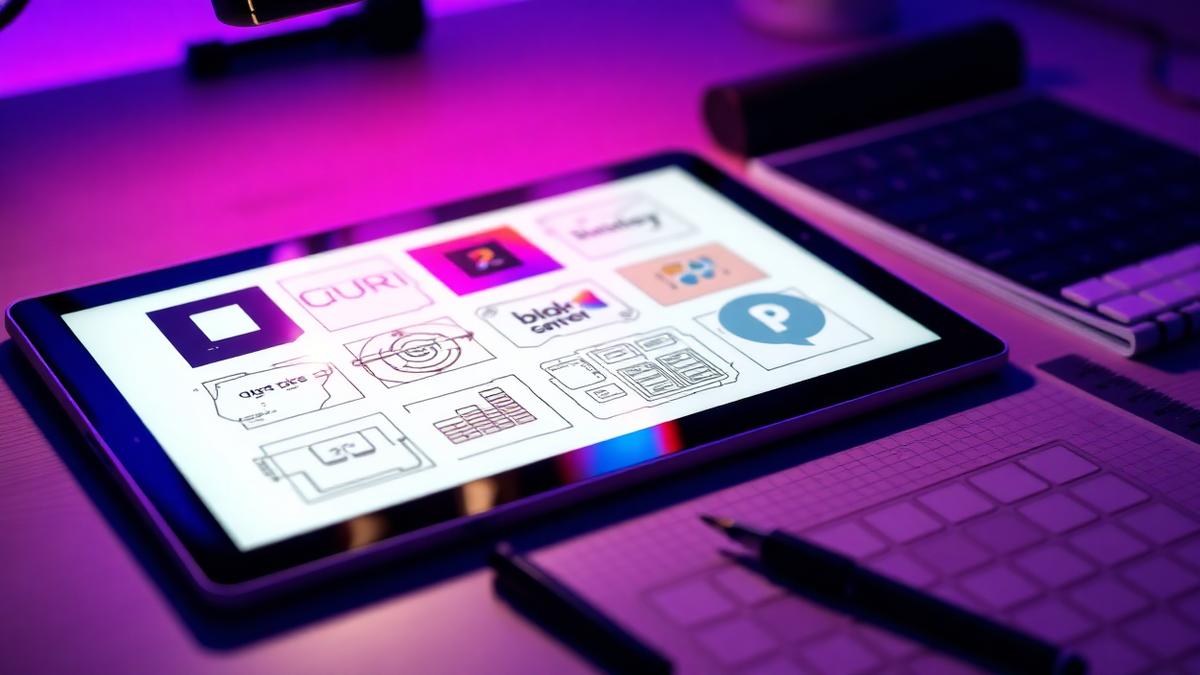 Designer workspace with brand identity sketches on a tablet