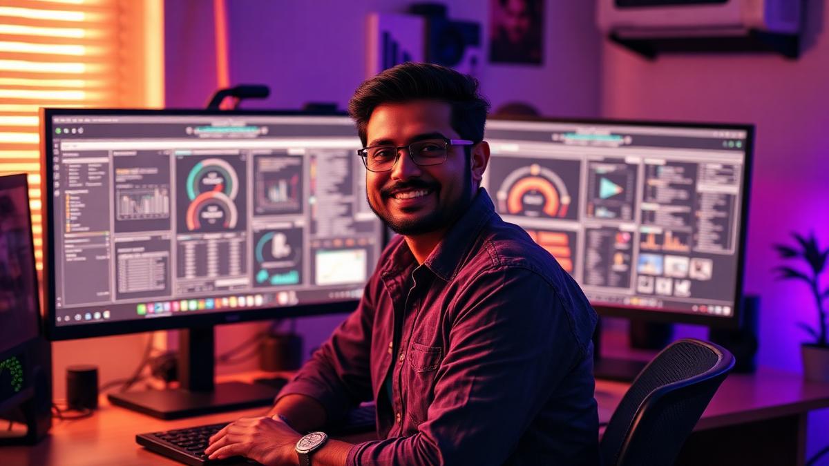 Man at a home desk with automation dashboards on screen
